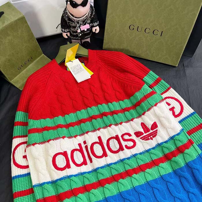 Gucci Women GG Adidas x Gucci Wool Sweater Blue Orange Cable Stitch Crewneck
