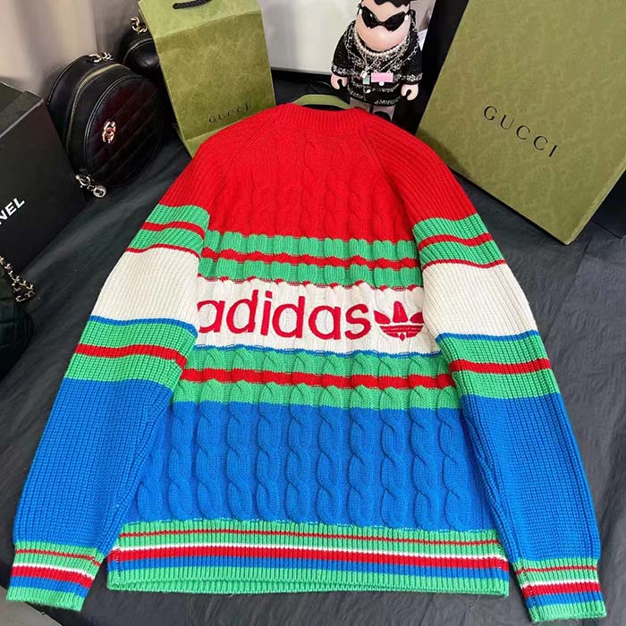 Gucci Women GG Adidas x Gucci Wool Sweater Blue Orange Cable Stitch Crewneck