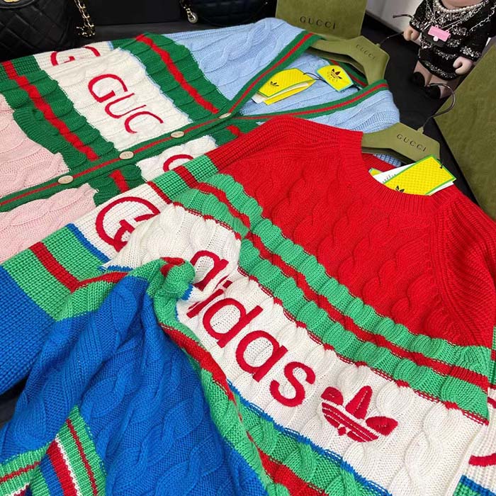 Gucci Women GG Adidas x Gucci Wool Sweater Blue Orange Cable Stitch Crewneck