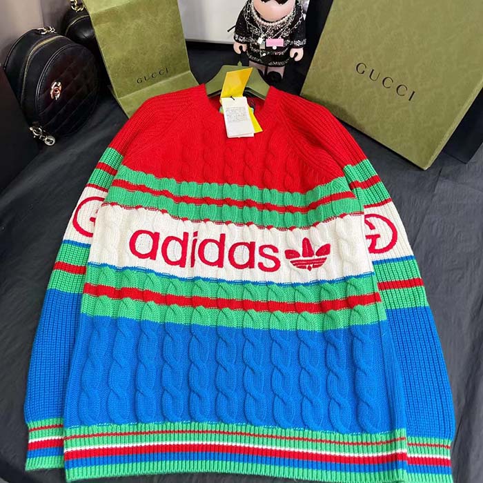 Gucci Women GG Adidas x Gucci Wool Sweater Blue Orange Cable Stitch Crewneck