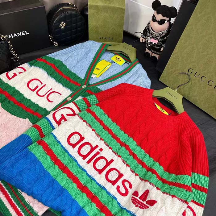 Gucci Women GG Adidas x Gucci Wool Sweater Blue Orange Cable Stitch Crewneck