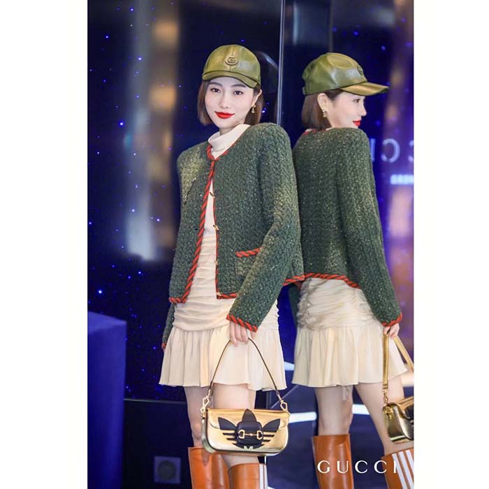 Gucci Women GG Cable Knit Wool Jacket Dark Green Collarless Wool Cotton