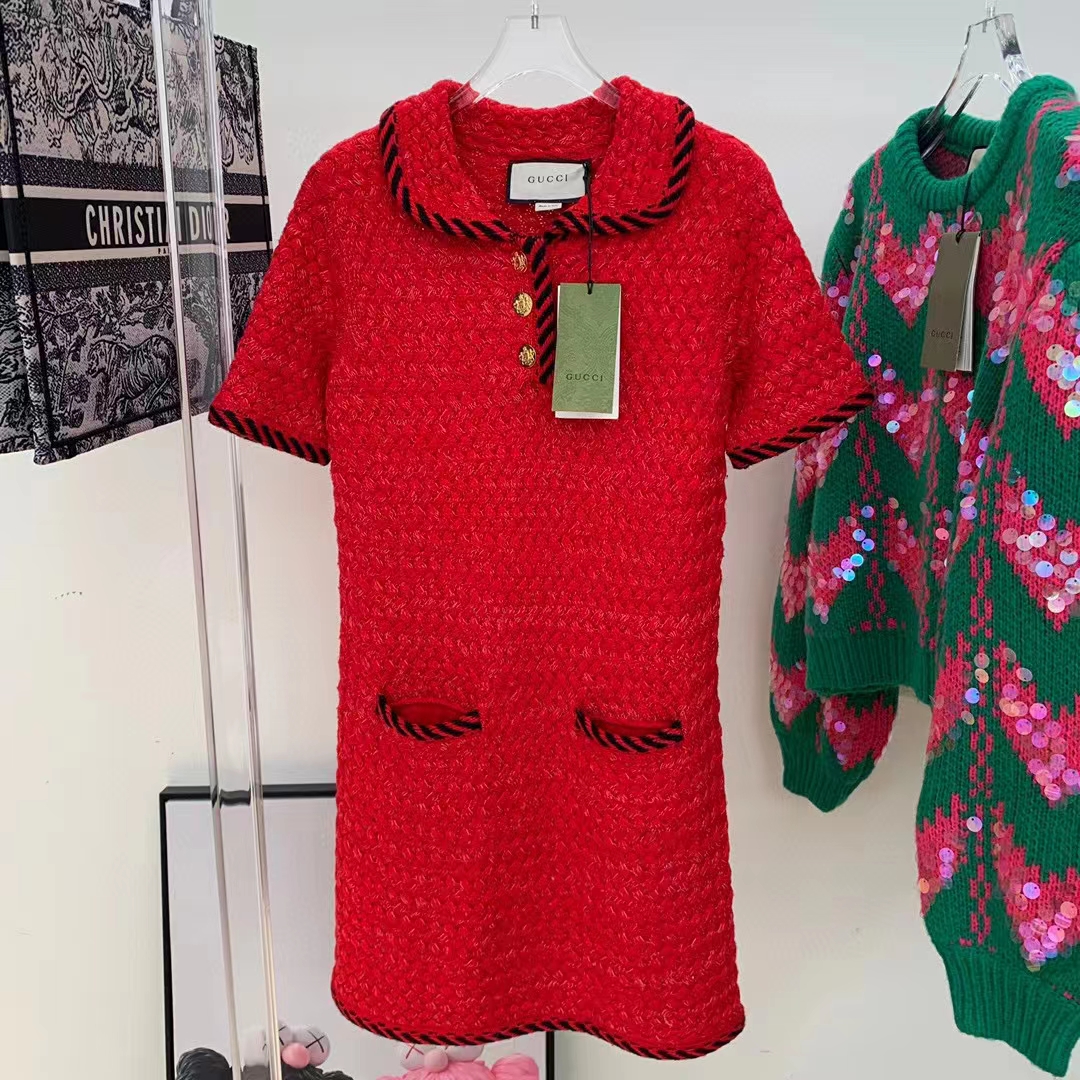 Gucci Women GG Cable Stitch Wool Dress Red Polo Collar Short Sleeves