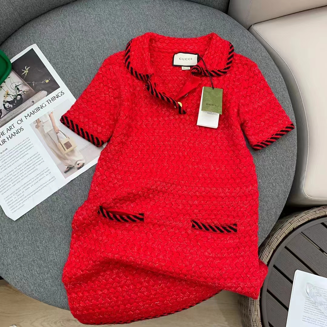 Gucci Women GG Cable Stitch Wool Dress Red Polo Collar Short Sleeves