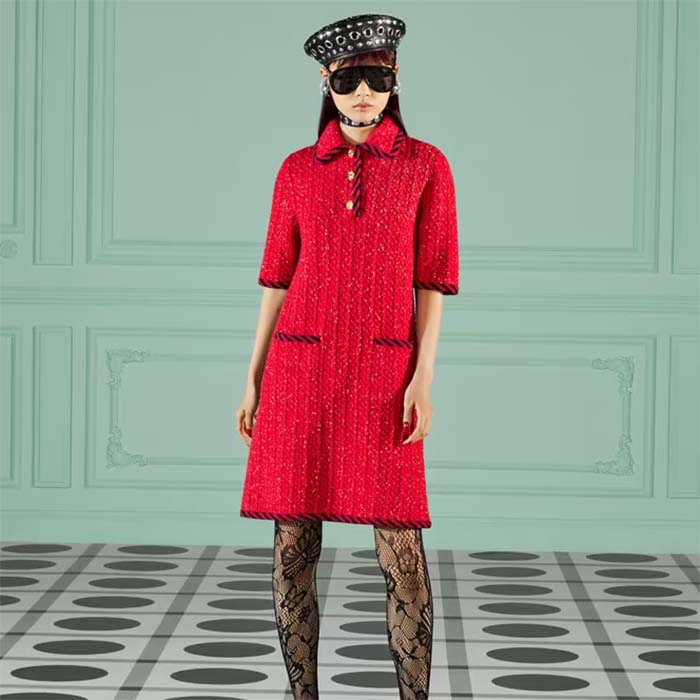 Gucci Women GG Cable Stitch Wool Dress Red Polo Collar Short Sleeves