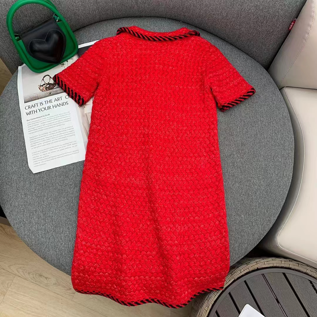 Gucci Women GG Cable Stitch Wool Dress Red Polo Collar Short Sleeves