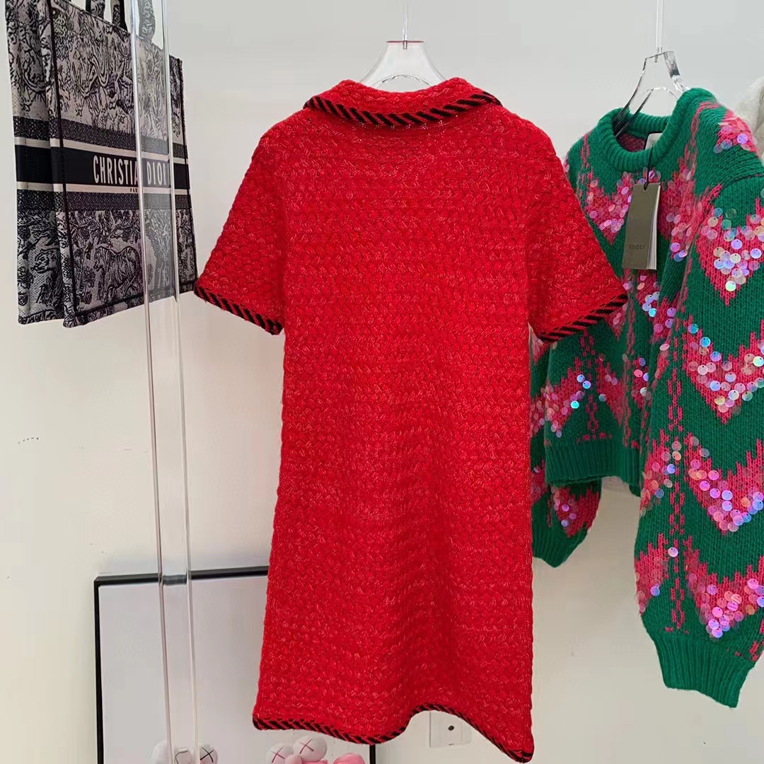 Gucci Women GG Cable Stitch Wool Dress Red Polo Collar Short Sleeves