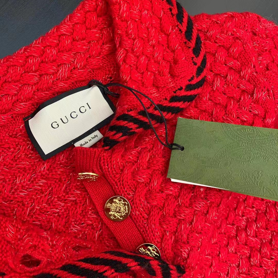 Gucci Women GG Cable Stitch Wool Dress Red Polo Collar Short Sleeves