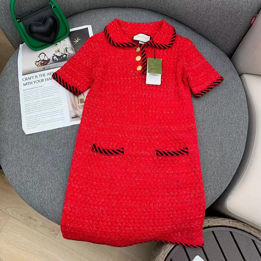 Gucci Women GG Cable Stitch Wool Dress Red Polo Collar Short Sleeves