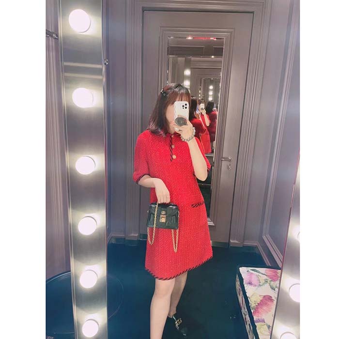 Gucci Women GG Cable Stitch Wool Dress Red Polo Collar Short Sleeves
