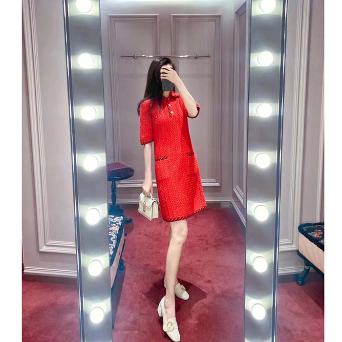 Gucci Women GG Cable Stitch Wool Dress Red Polo Collar Short Sleeves