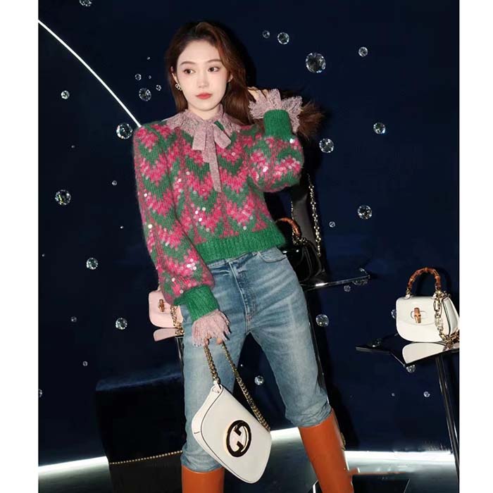 Gucci Women GG Chevron Wool Sequin Sweater Crewneck Mohair Polyamide Puffed Sleeves