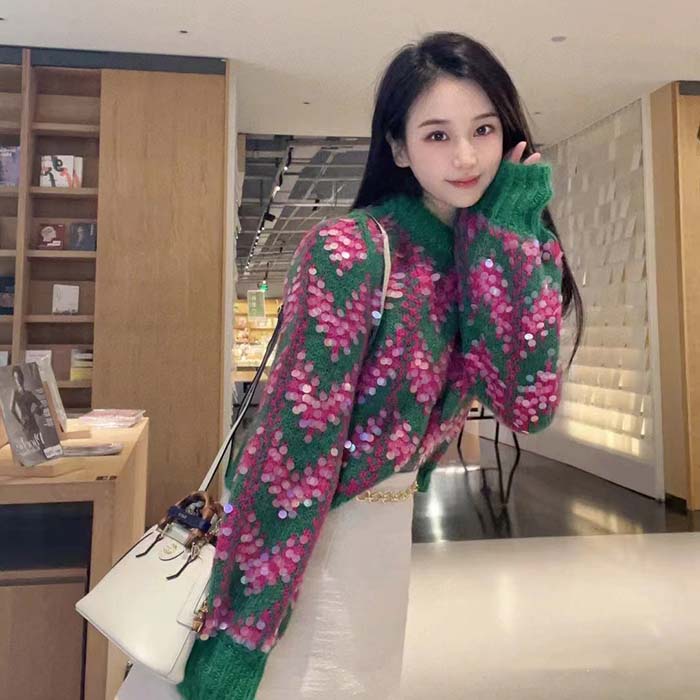 Gucci Women GG Chevron Wool Sequin Sweater Crewneck Mohair Polyamide Puffed Sleeves