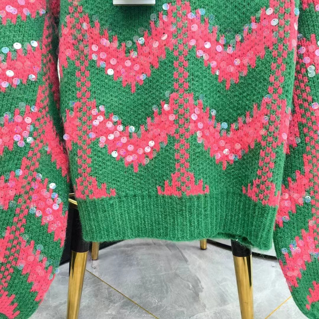 Gucci Women GG Chevron Wool Sequin Sweater Crewneck Mohair Polyamide Puffed Sleeves
