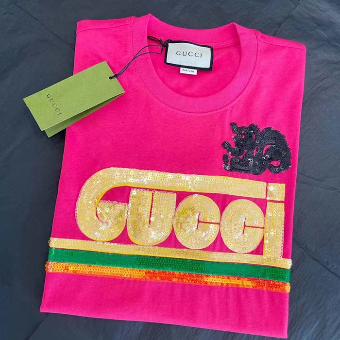 Gucci Men GG Cotton T-Shirt Skunk Embroidery Fuchsia Jersey Crewneck Short Sleeves