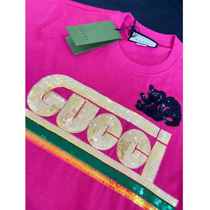 Gucci Men GG Cotton T-Shirt Skunk Embroidery Fuchsia Jersey Crewneck Short Sleeves