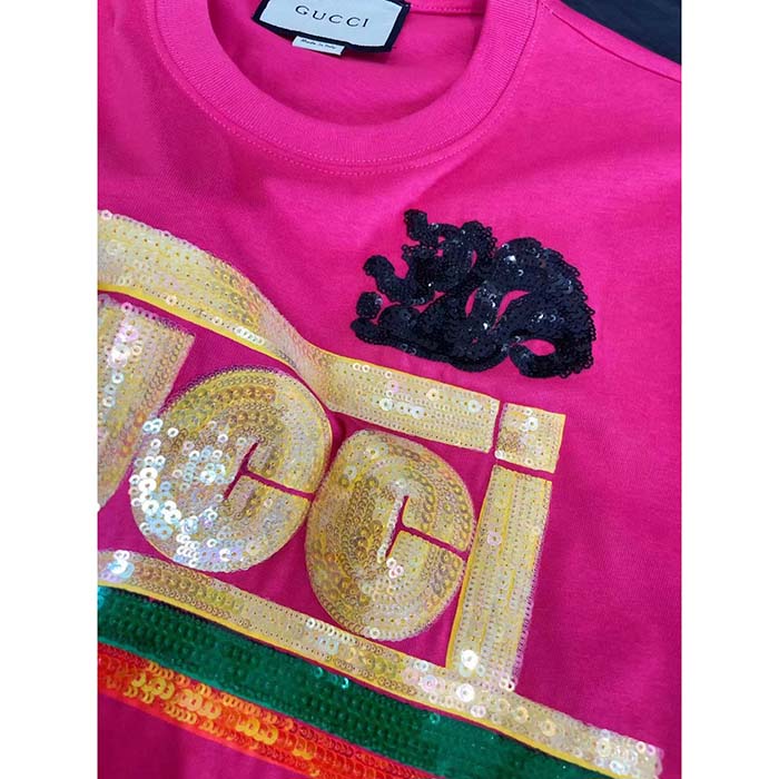 Gucci Men GG Cotton T-Shirt Skunk Embroidery Fuchsia Jersey Crewneck Short Sleeves