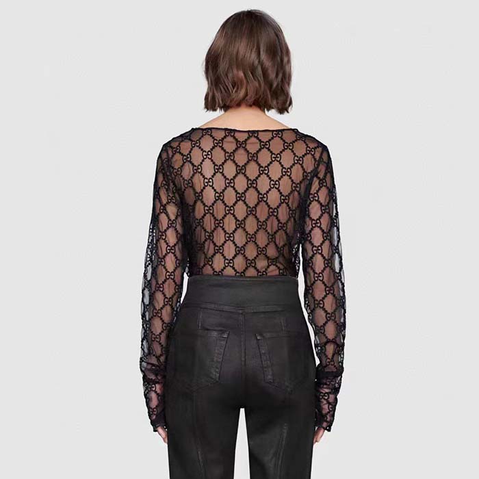 Gucci Women GG Embroidered Tulle T-Shirt Black Long Sleeve Fitted Cotton