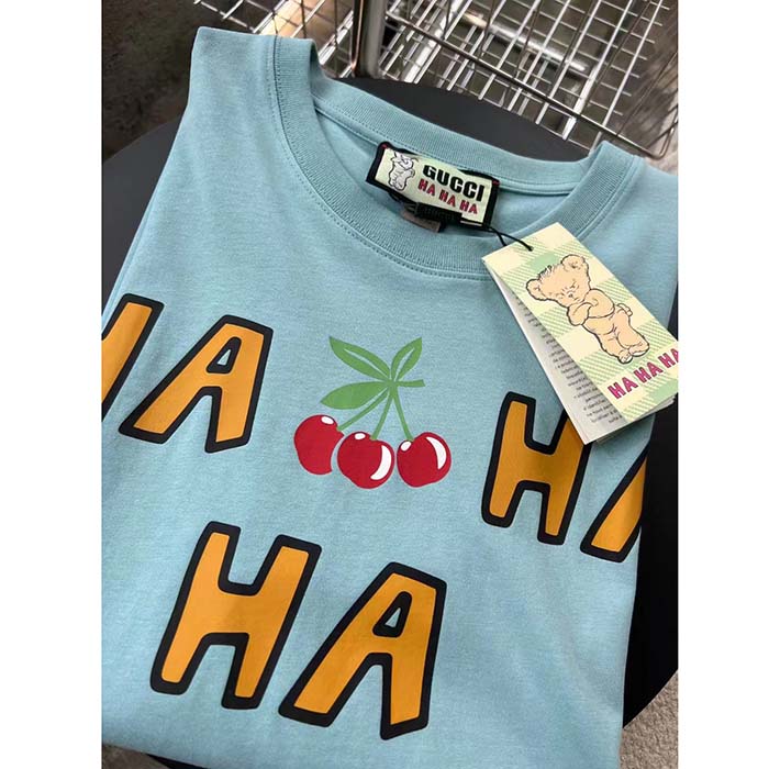 Gucci Women GG HA HA HA Cherry T-Shirt Light Blue Medium Cotton Jersey Crewneck