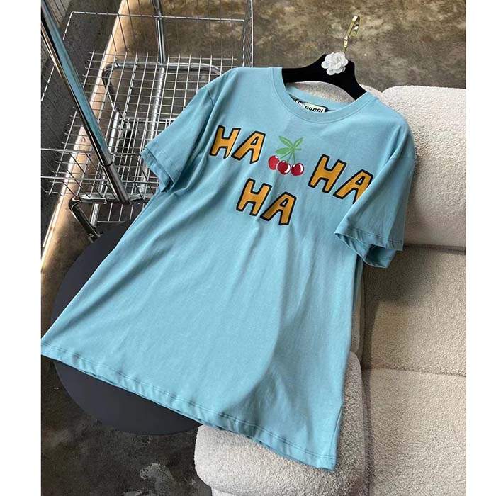 Gucci Women GG HA HA HA Cherry T-Shirt Light Blue Medium Cotton Jersey Crewneck