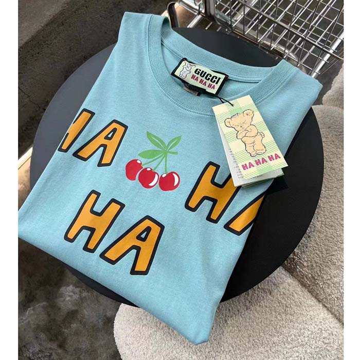 Gucci Women GG HA HA HA Cherry T-Shirt Light Blue Medium Cotton Jersey Crewneck