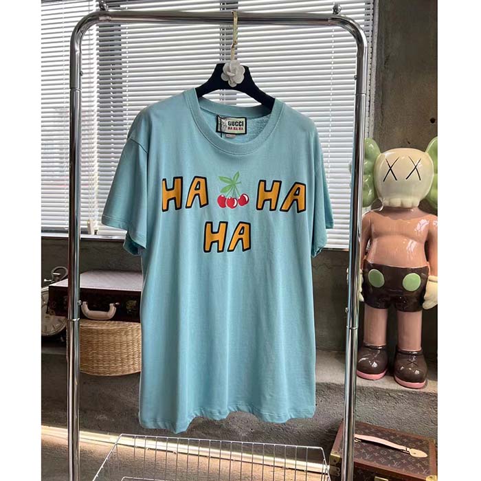 Gucci Women GG HA HA HA Cherry T-Shirt Light Blue Medium Cotton Jersey Crewneck