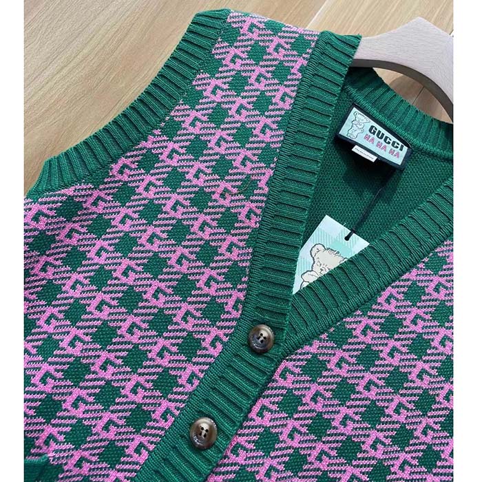 Gucci Men GG HA HA HA Square G Vest Green Pink Wool Jacquard V-Neck Sleeveless
