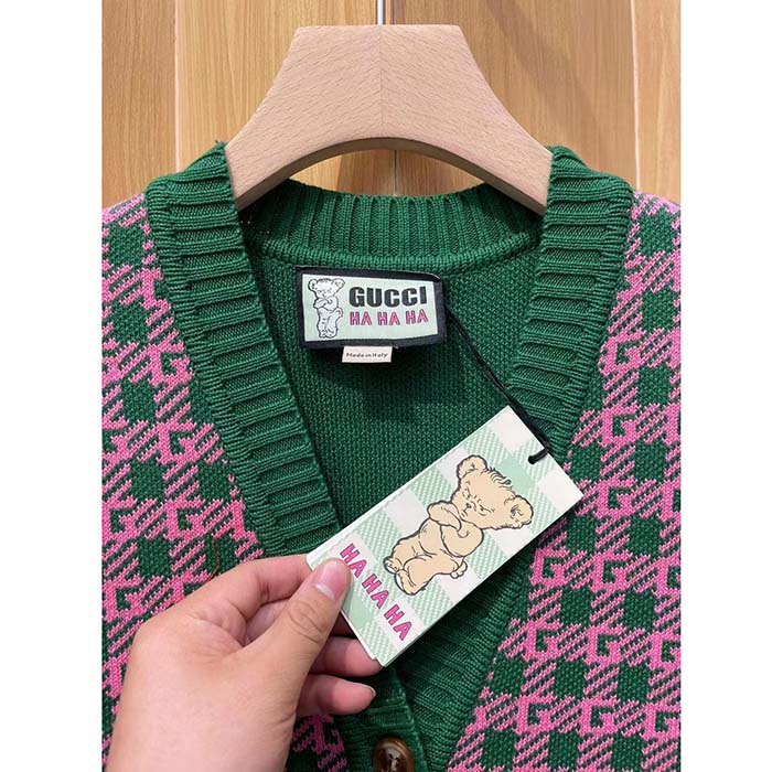 Gucci Men GG HA HA HA Square G Vest Green Pink Wool Jacquard V-Neck Sleeveless