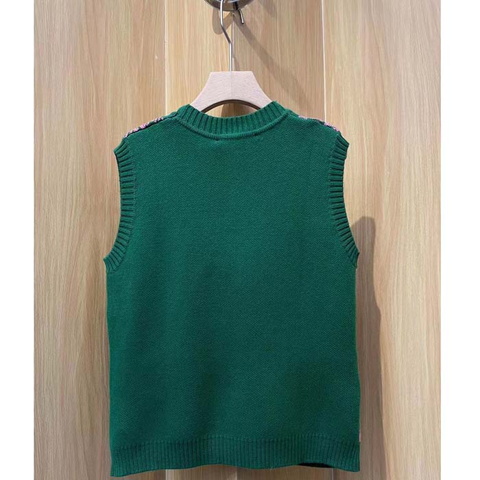 Gucci Men GG HA HA HA Square G Vest Green Pink Wool Jacquard V-Neck Sleeveless