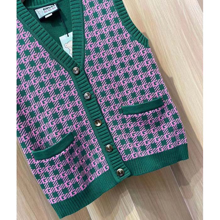Gucci Men GG HA HA HA Square G Vest Green Pink Wool Jacquard V-Neck Sleeveless