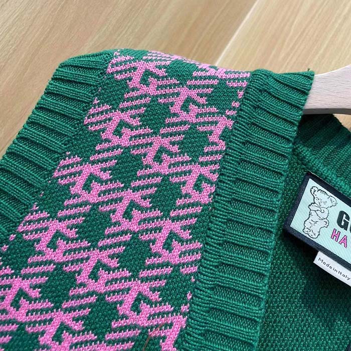 Gucci Men GG HA HA HA Square G Vest Green Pink Wool Jacquard V-Neck Sleeveless