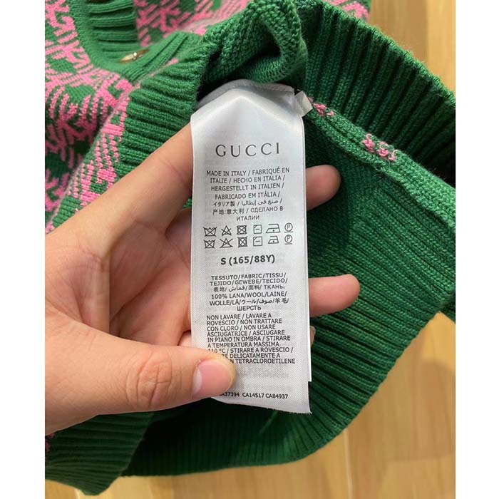 Gucci Men GG HA HA HA Square G Vest Green Pink Wool Jacquard V-Neck Sleeveless