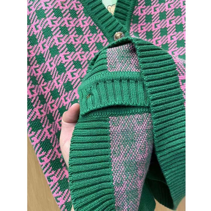 Gucci Men GG HA HA HA Square G Vest Green Pink Wool Jacquard V-Neck Sleeveless