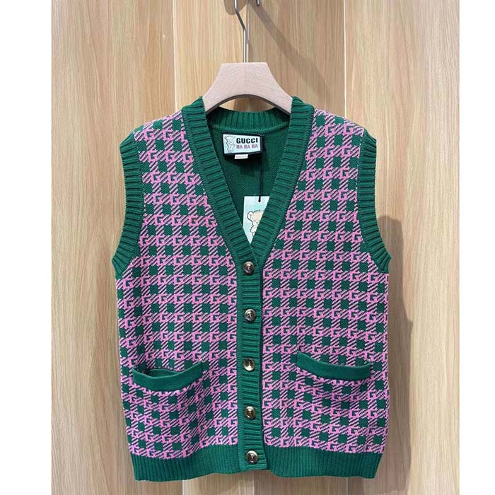 Gucci Men GG HA HA HA Square G Vest Green Pink Wool Jacquard V-Neck Sleeveless