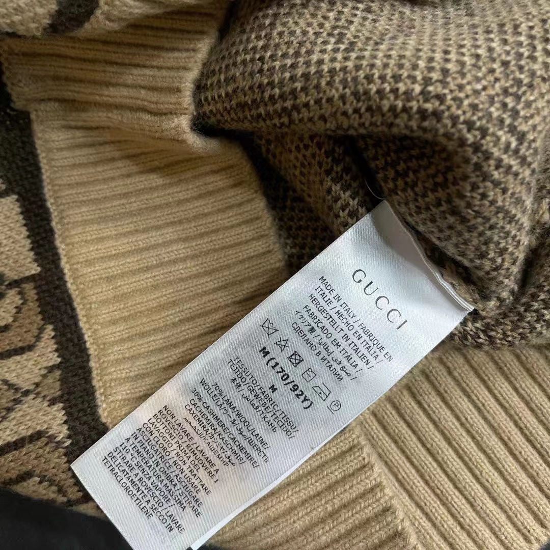 Gucci Women GG Horsebit Cashmere Jacquard Sweater Camel Brown Wool Crewneck