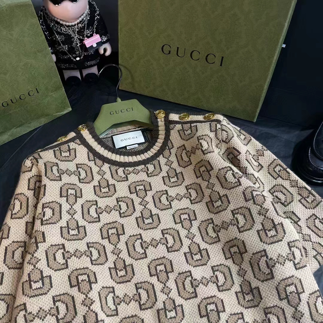 Gucci Women GG Horsebit Cashmere Jacquard Sweater Camel Brown Wool Crewneck