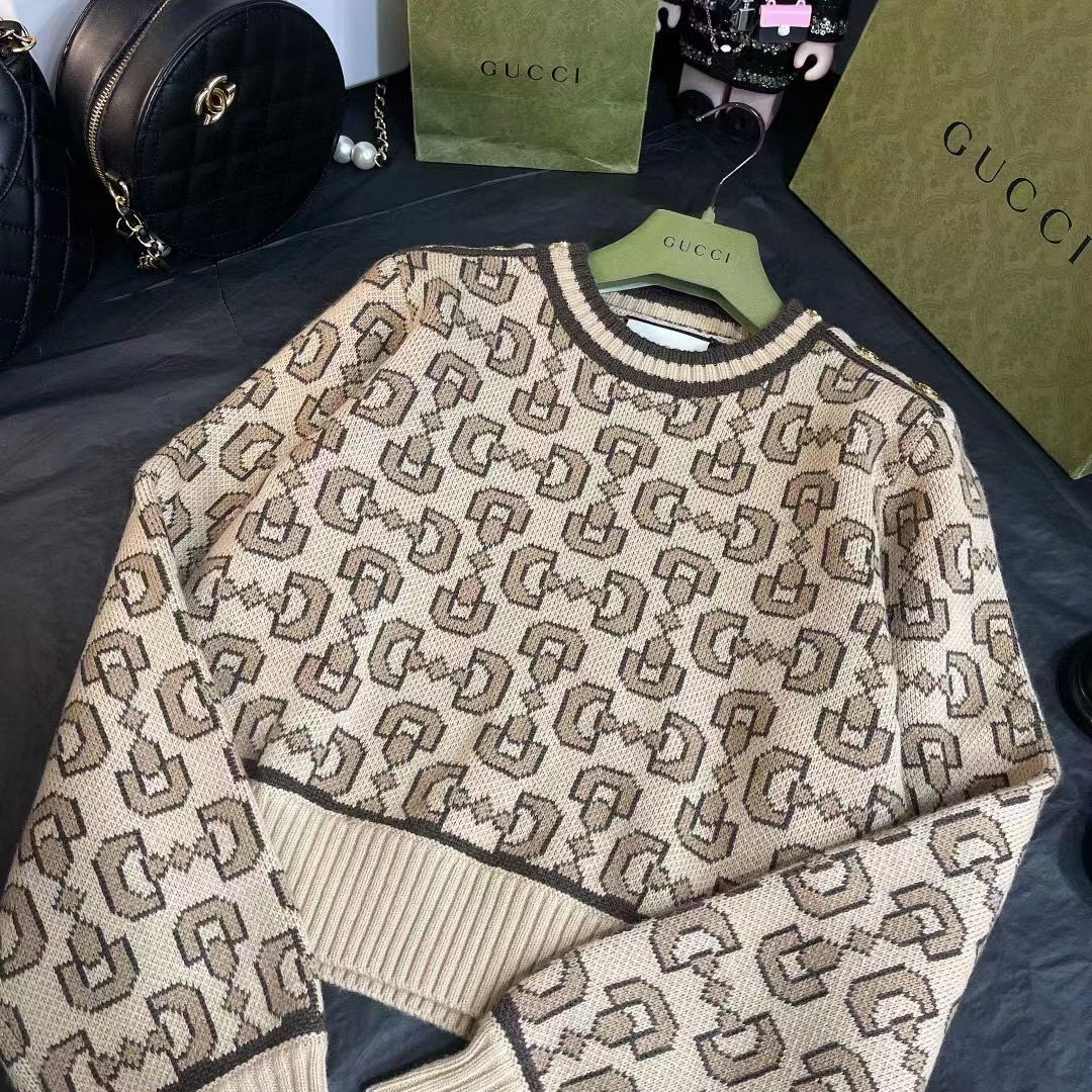Gucci Women GG Horsebit Cashmere Jacquard Sweater Camel Brown Wool Crewneck