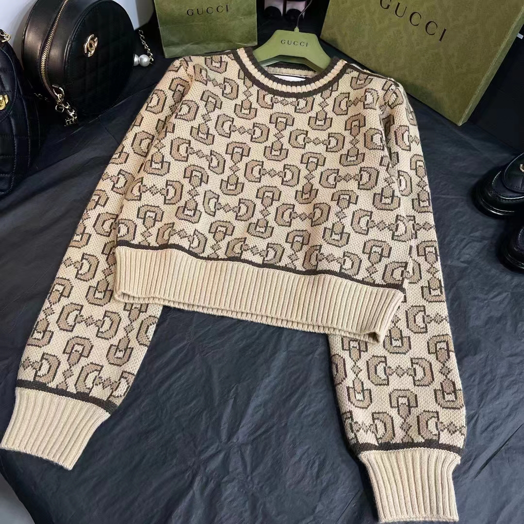 Gucci Women GG Horsebit Cashmere Jacquard Sweater Camel Brown Wool Crewneck