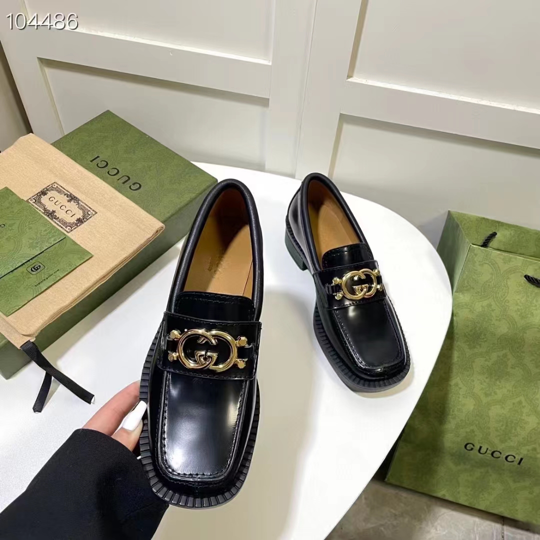 Gucci Women GG Loafer Interlocking G Shiny Black Leather Low 2.5 Cm Heel