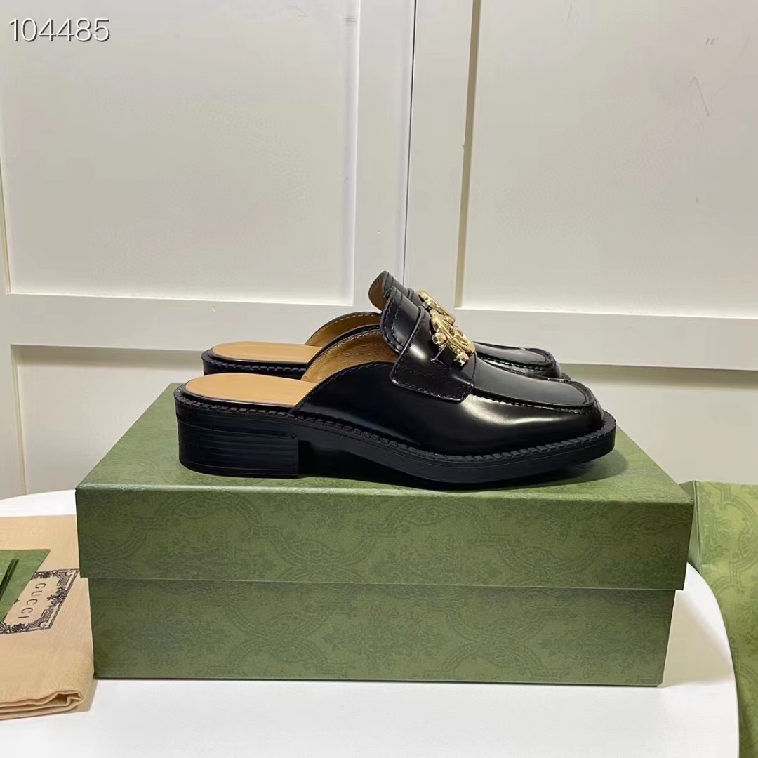 Gucci Women GG Slipper Interlocking G Black Leather Low 2.5 Cm Heel