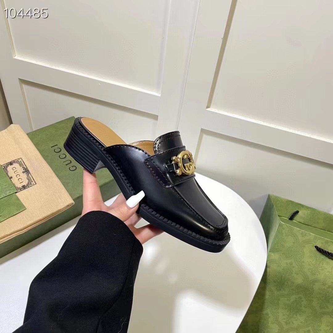 Gucci Women GG Slipper Interlocking G Black Leather Low 2.5 Cm Heel