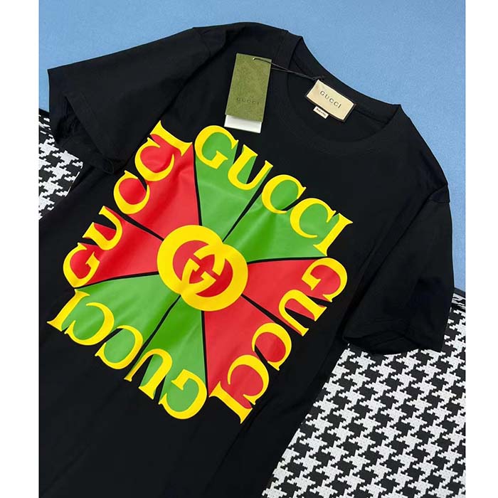 Gucci Women GG Vintage Logo Print T-Shirt Black Cotton Jersey Crewneck Short Sleeves