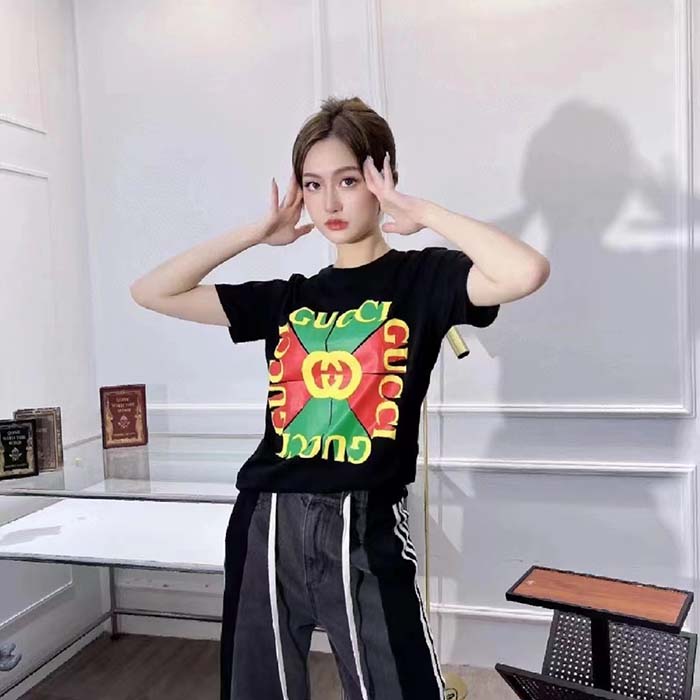 Gucci Women GG Vintage Logo Print T-Shirt Black Cotton Jersey Crewneck Short Sleeves