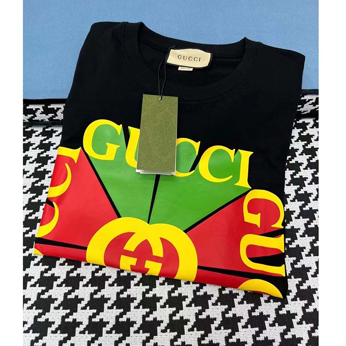 Gucci Women GG Vintage Logo Print T-Shirt Black Cotton Jersey Crewneck Short Sleeves