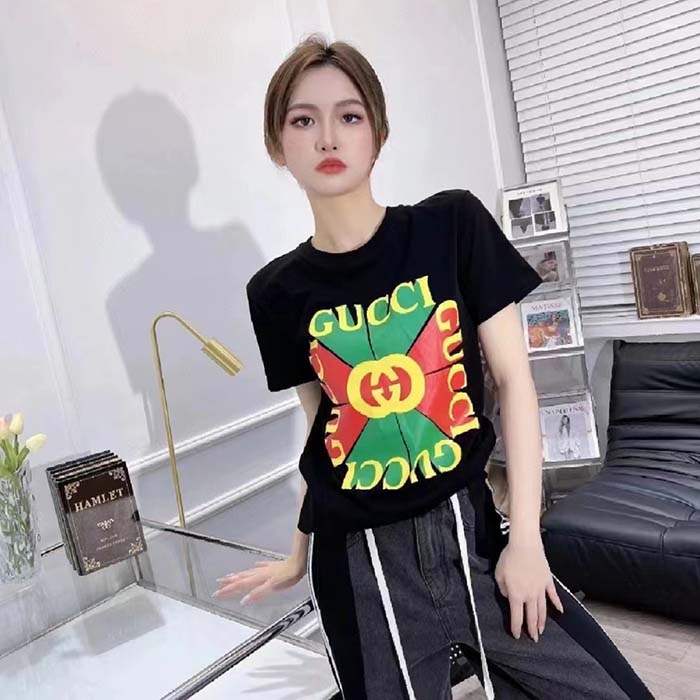 Gucci Women GG Vintage Logo Print T-Shirt Black Cotton Jersey Crewneck Short Sleeves
