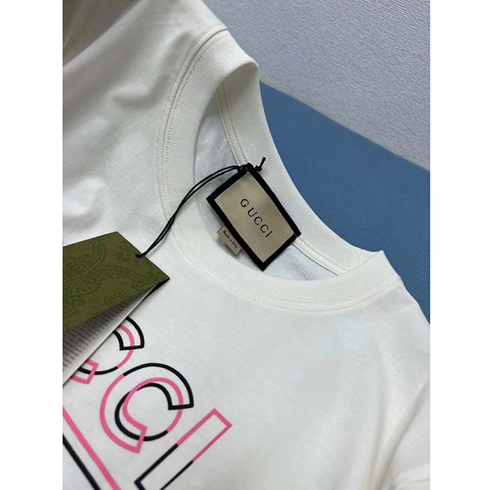 Gucci Women GG Vintage Logo Print T-Shirt Off White Cotton Jersey Crewneck
