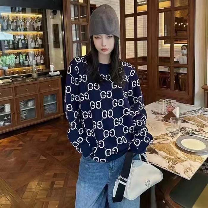 Gucci Women GG Wool Jacquard Sweater Blue Ivory Long Sleeves Crewneck