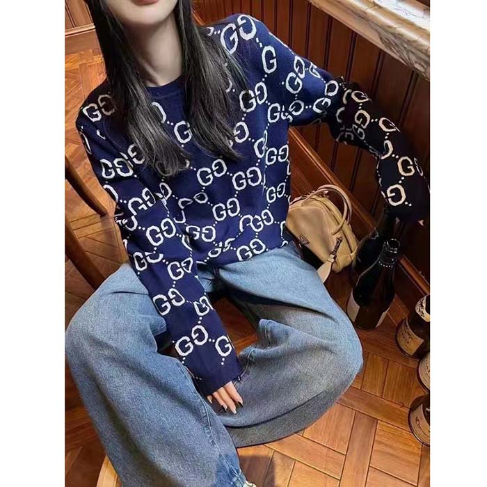 Gucci Women GG Wool Jacquard Sweater Blue Ivory Long Sleeves Crewneck