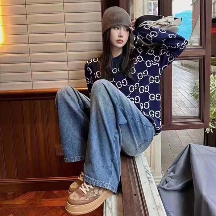 Gucci Women GG Wool Jacquard Sweater Blue Ivory Long Sleeves Crewneck