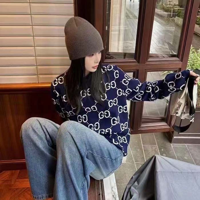 Gucci Women GG Wool Jacquard Sweater Blue Ivory Long Sleeves Crewneck